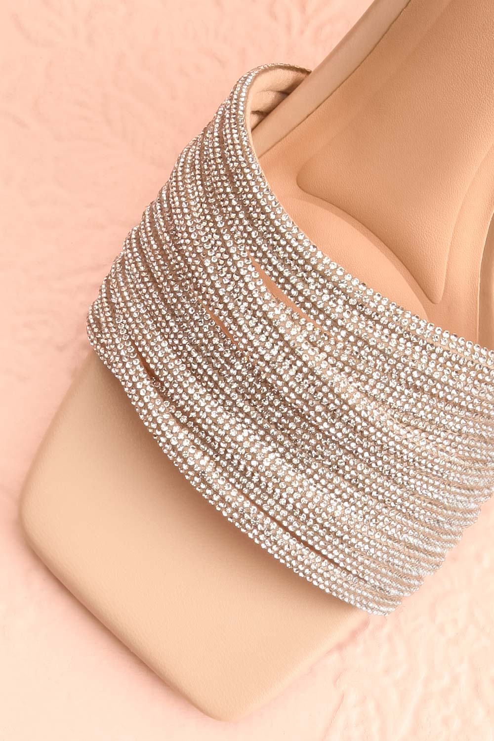 Euthenia Beige Heeled Sandals w/ Rhinestone Straps | Boutique 1861 flat close-up