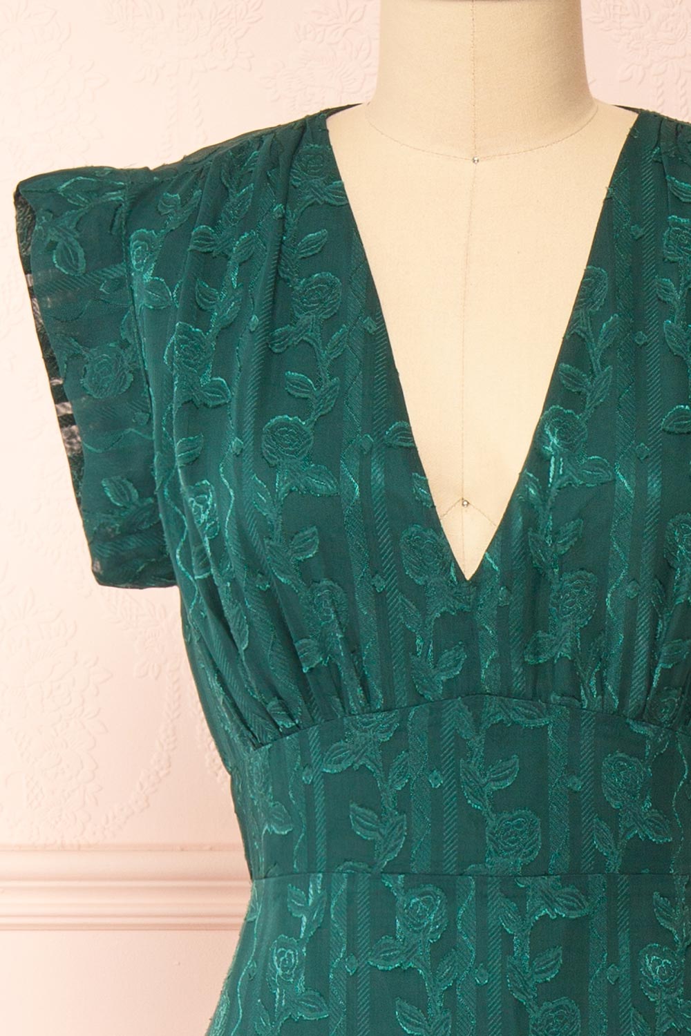 Evadora Green Midi Dress w/ Textured Floral Fabric | Boutique 1861 front close-up