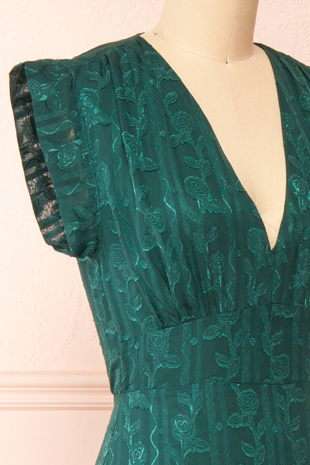 Evadora Green Midi Dress w/ Textured Floral Fabric | Boutique 1861 side close-up