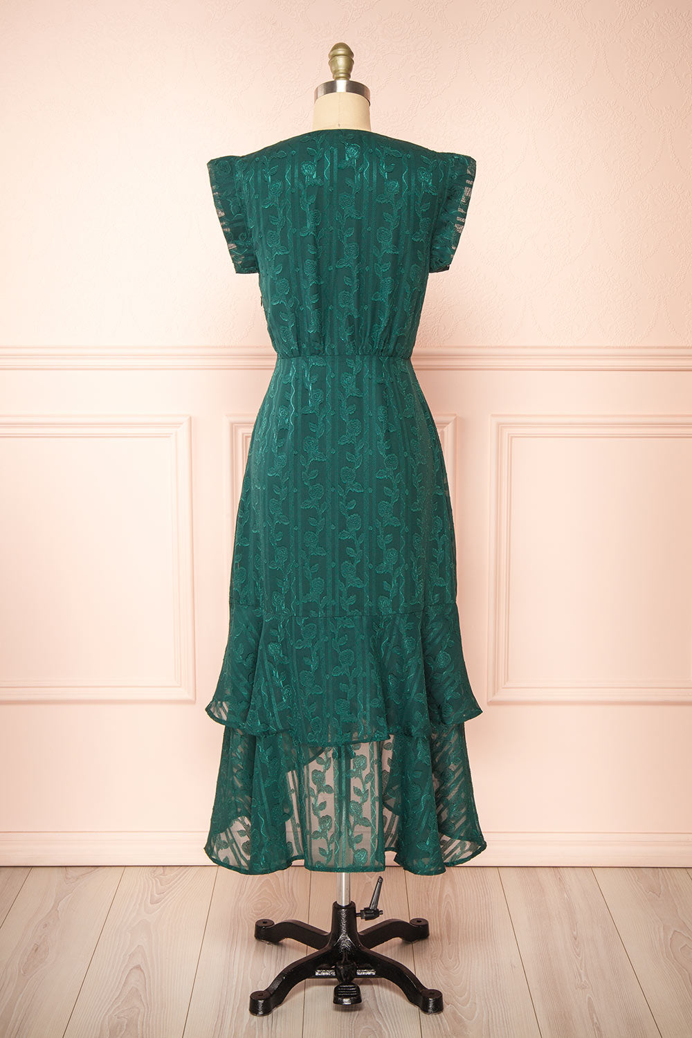 Evadora Green Midi Dress w/ Textured Floral Fabric | Boutique 1861 back view