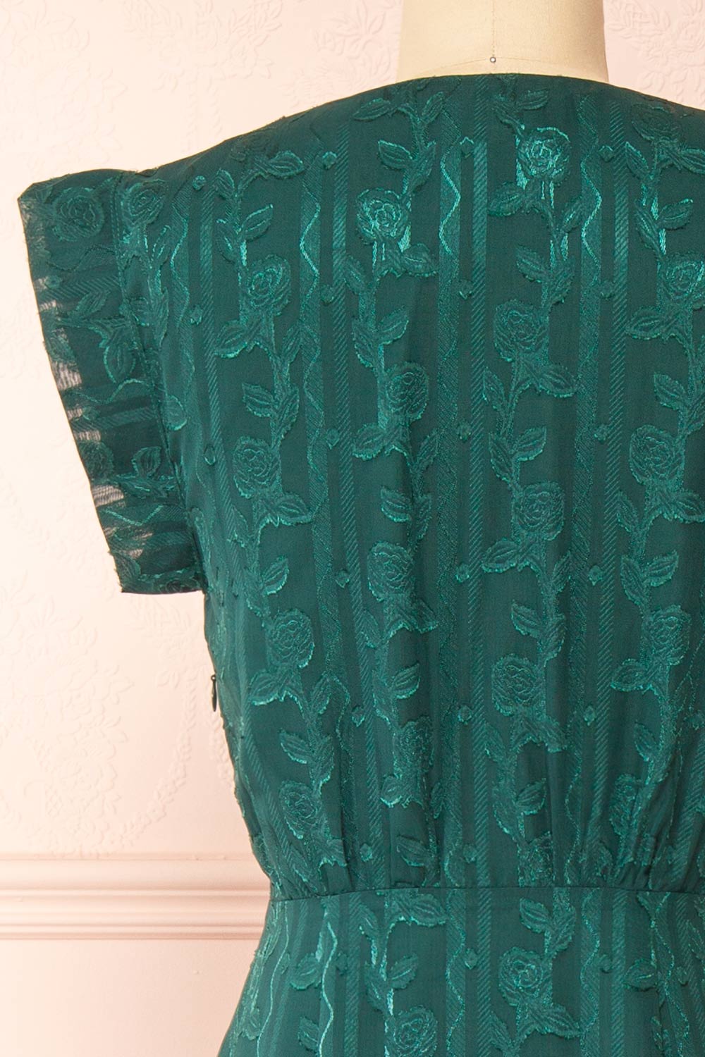 Evadora Green Midi Dress w/ Textured Floral Fabric | Boutique 1861 back close-up