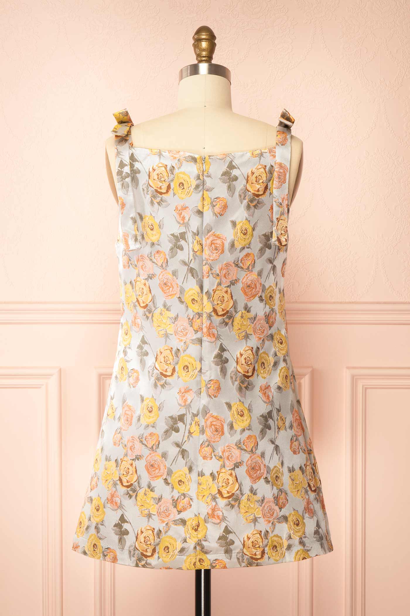 Backview Evanna Grey Floral Jacquard Short Dress at la boutique 1861