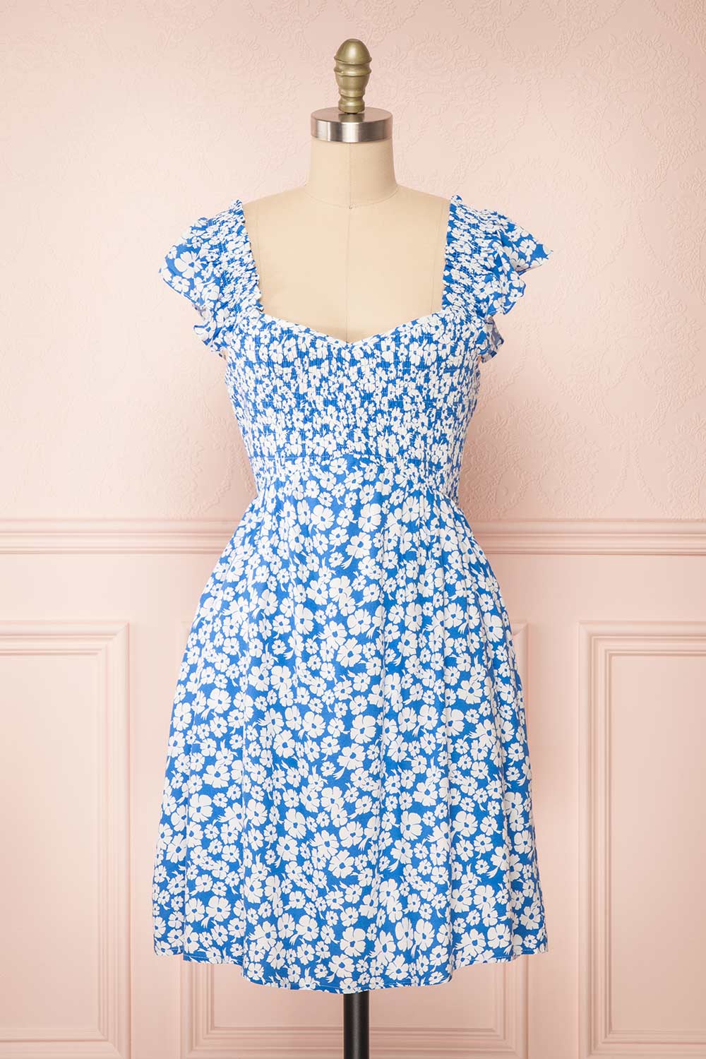 blue and white floral dress short Eviana