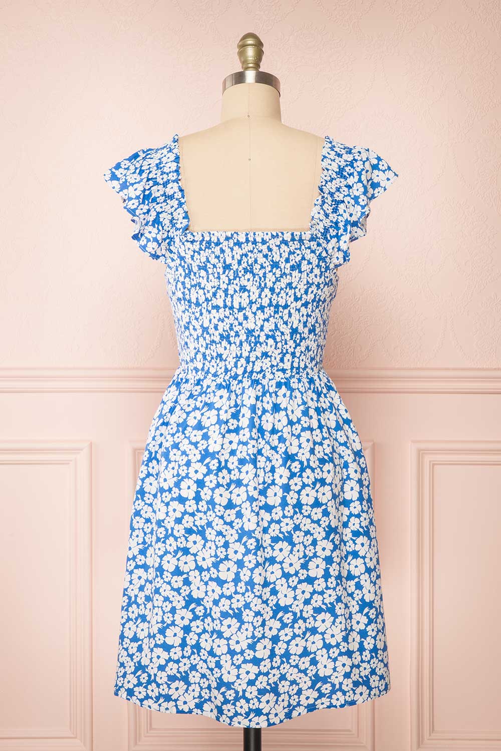 Eviana Short Blue Floral Dress w/ Ruched Bust | Boutique 1861 back view