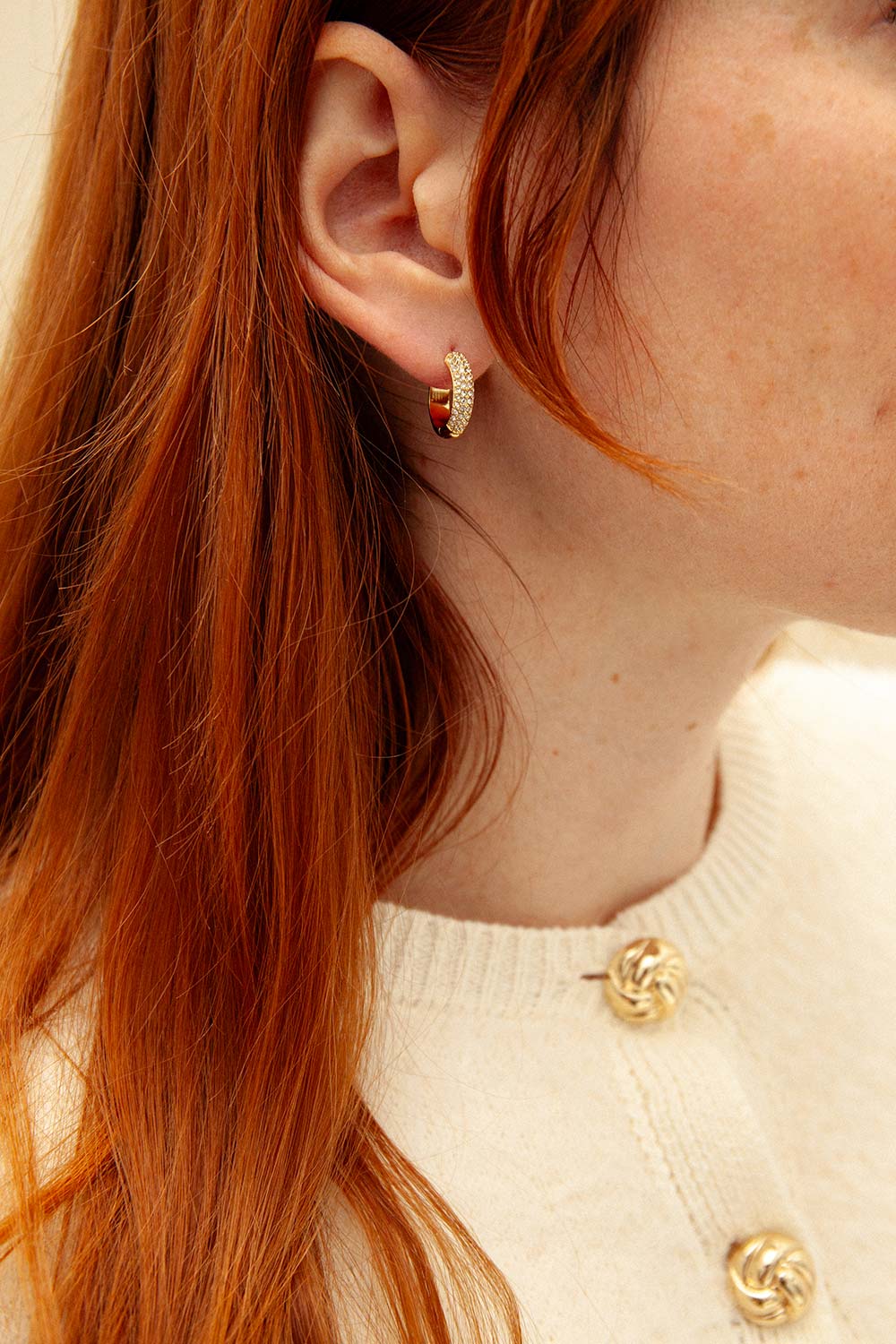 woman wearing Eyllis Gold Hoop Earrings without the Pearl Pendant from La petite garçonne