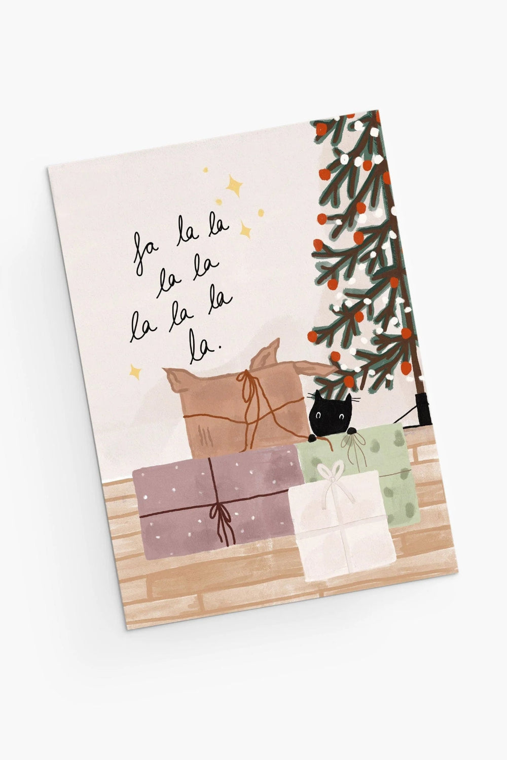 Greeting card from Mimi & August with Christmas design featuring a cat, presents, and tree.