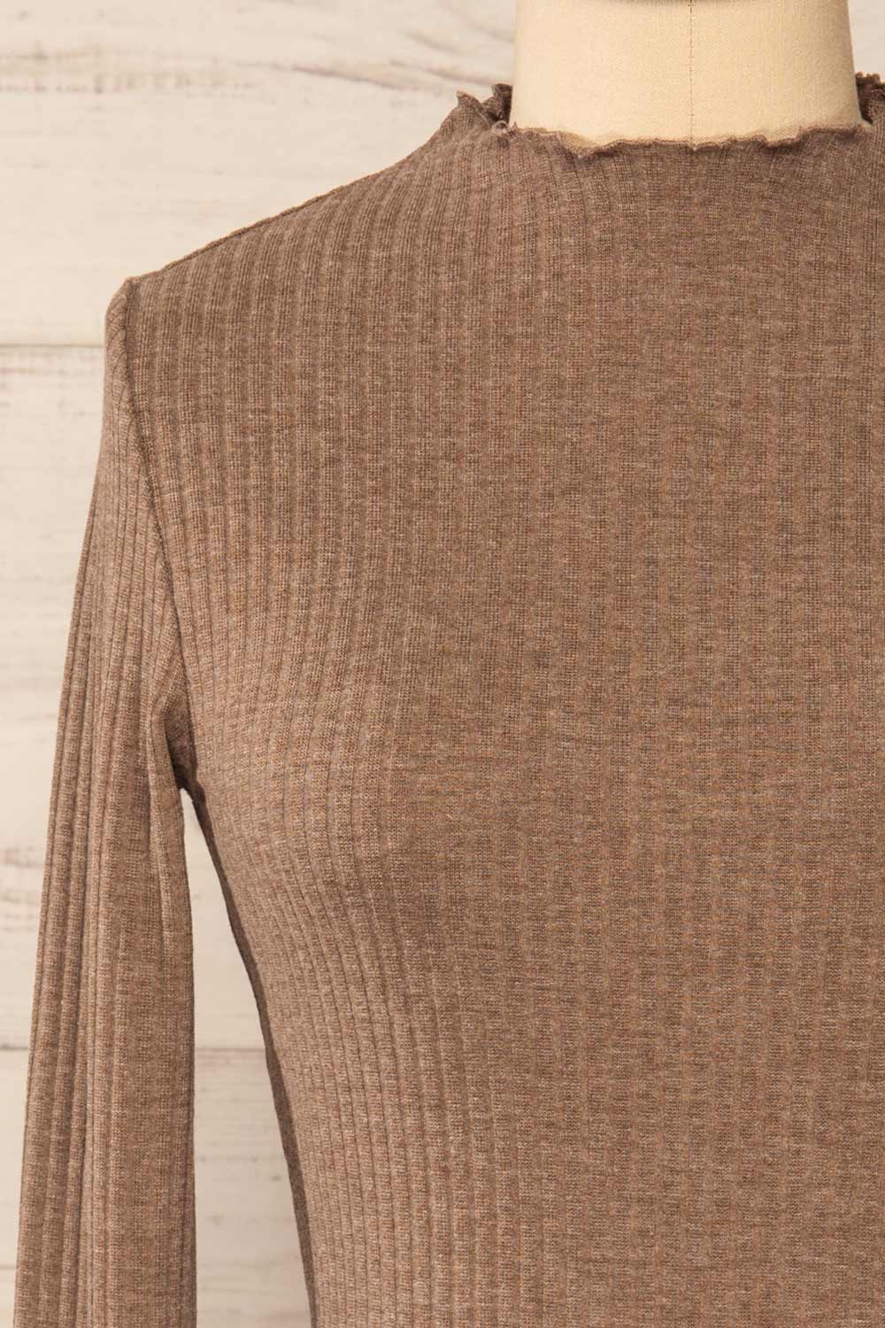 Faaset Taupe Ribbed Top w/ Stand Collar | La petite garçonne front close-up