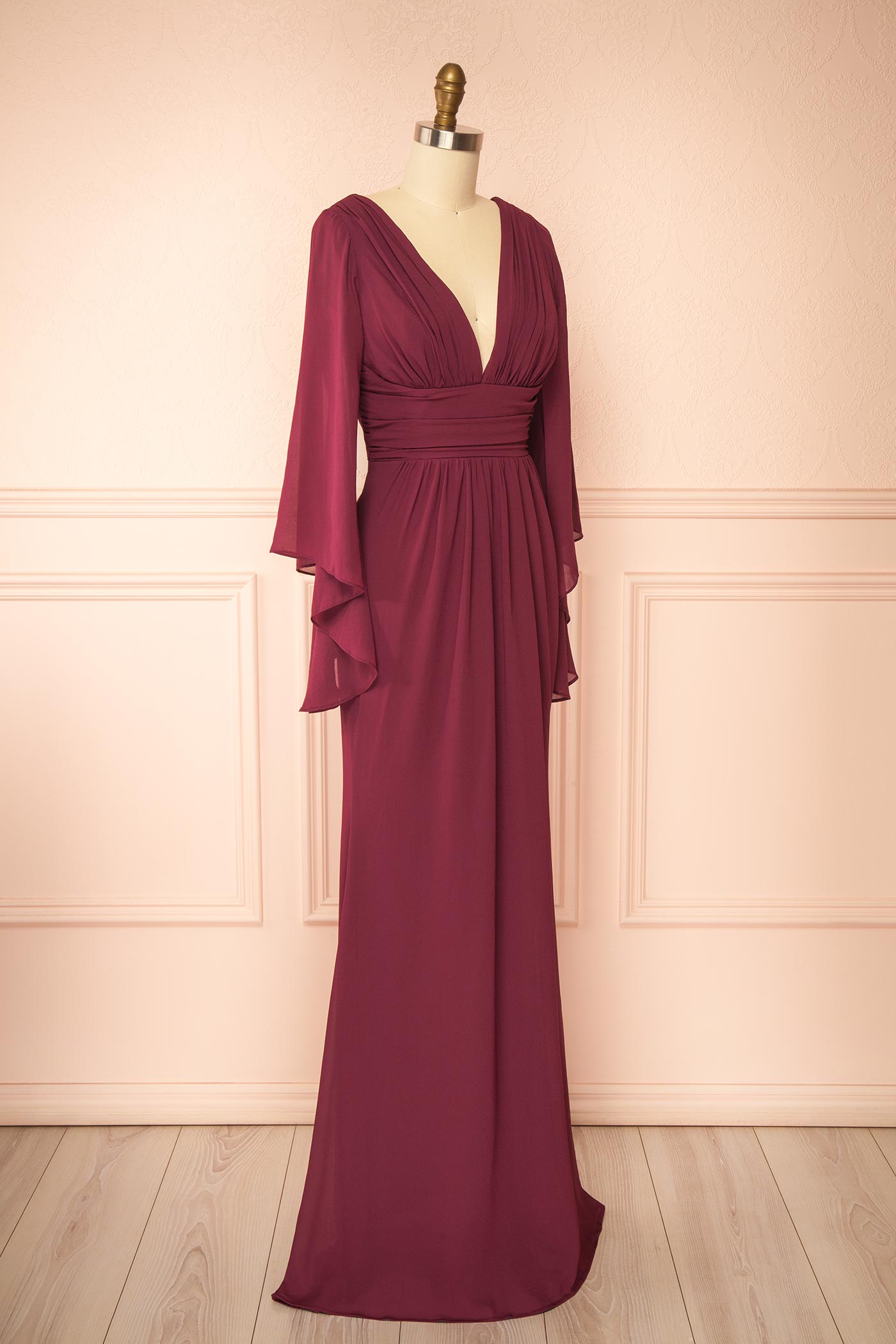 Fabiana Burgundy V-Neck Maxi Dress with Bell Sleeves | Boutique 1861 side