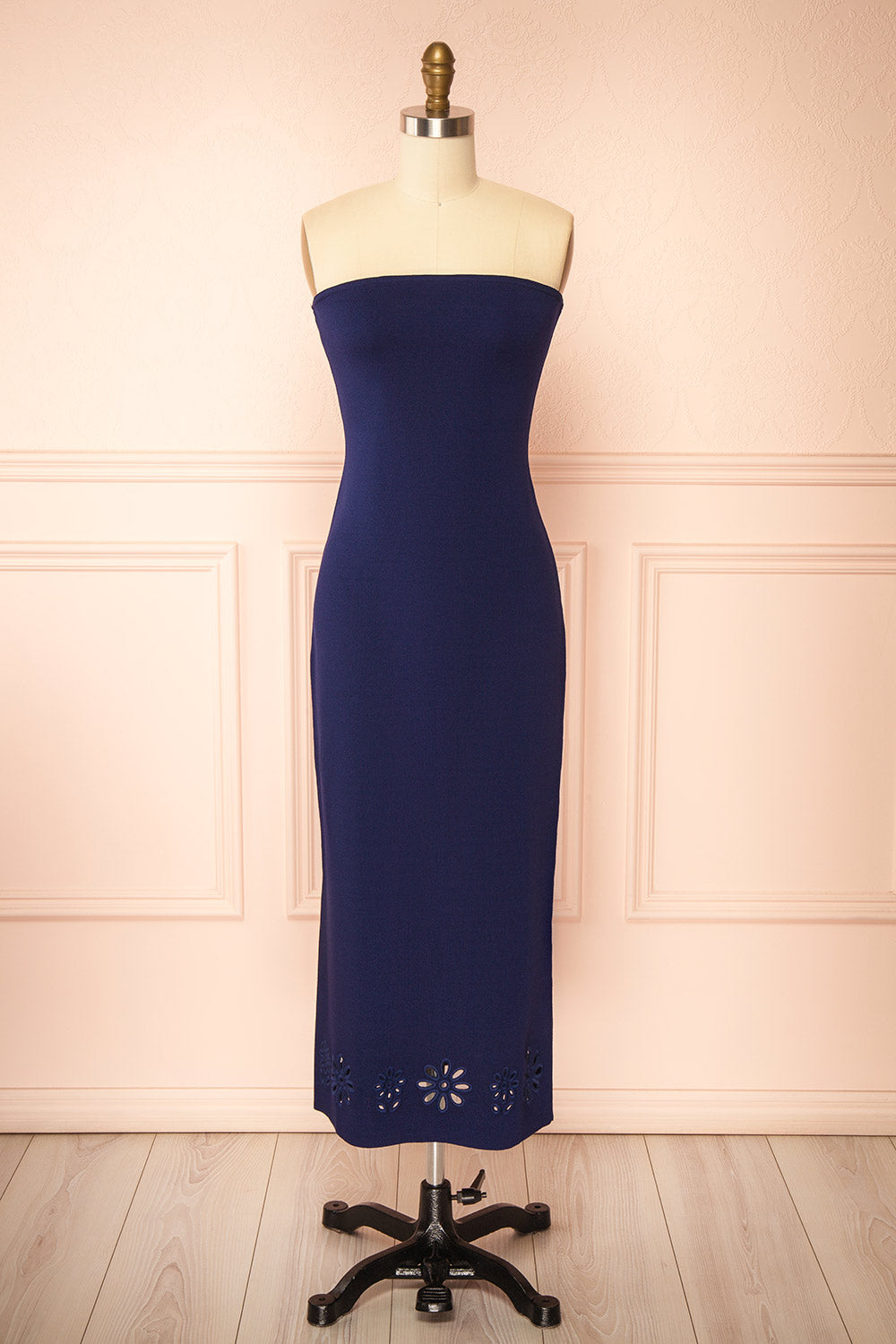 strapless navy midi dress Fable Navy Strapless Fitted Knit Midi Dress with Floral Eyelets
