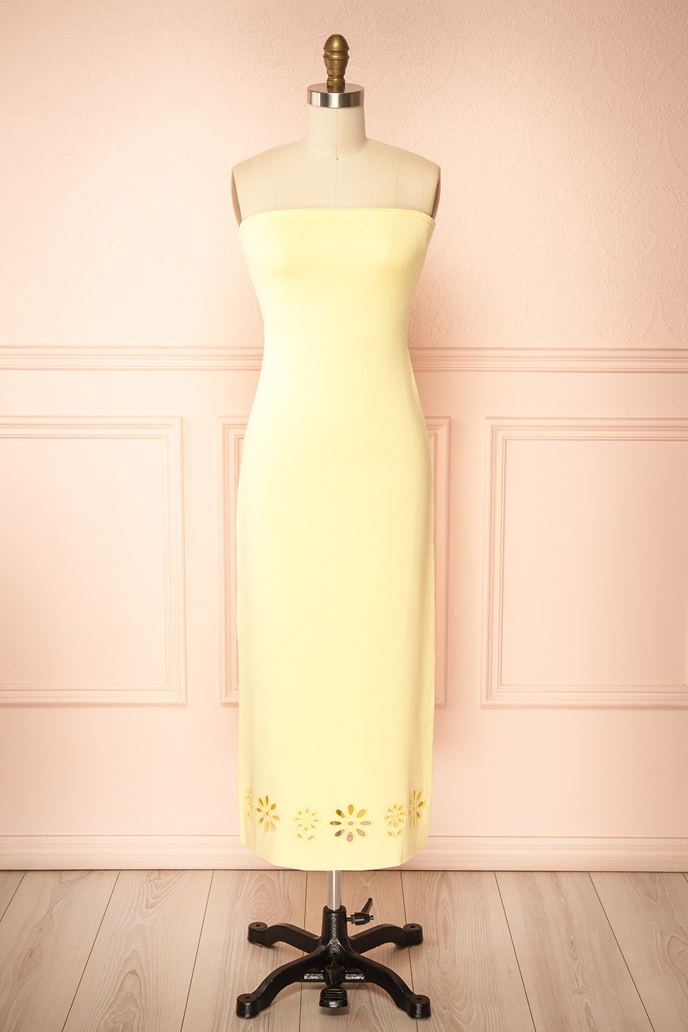 Fable Yellow Strapless Fitted Knit Midi Dress with Floral Eyelets