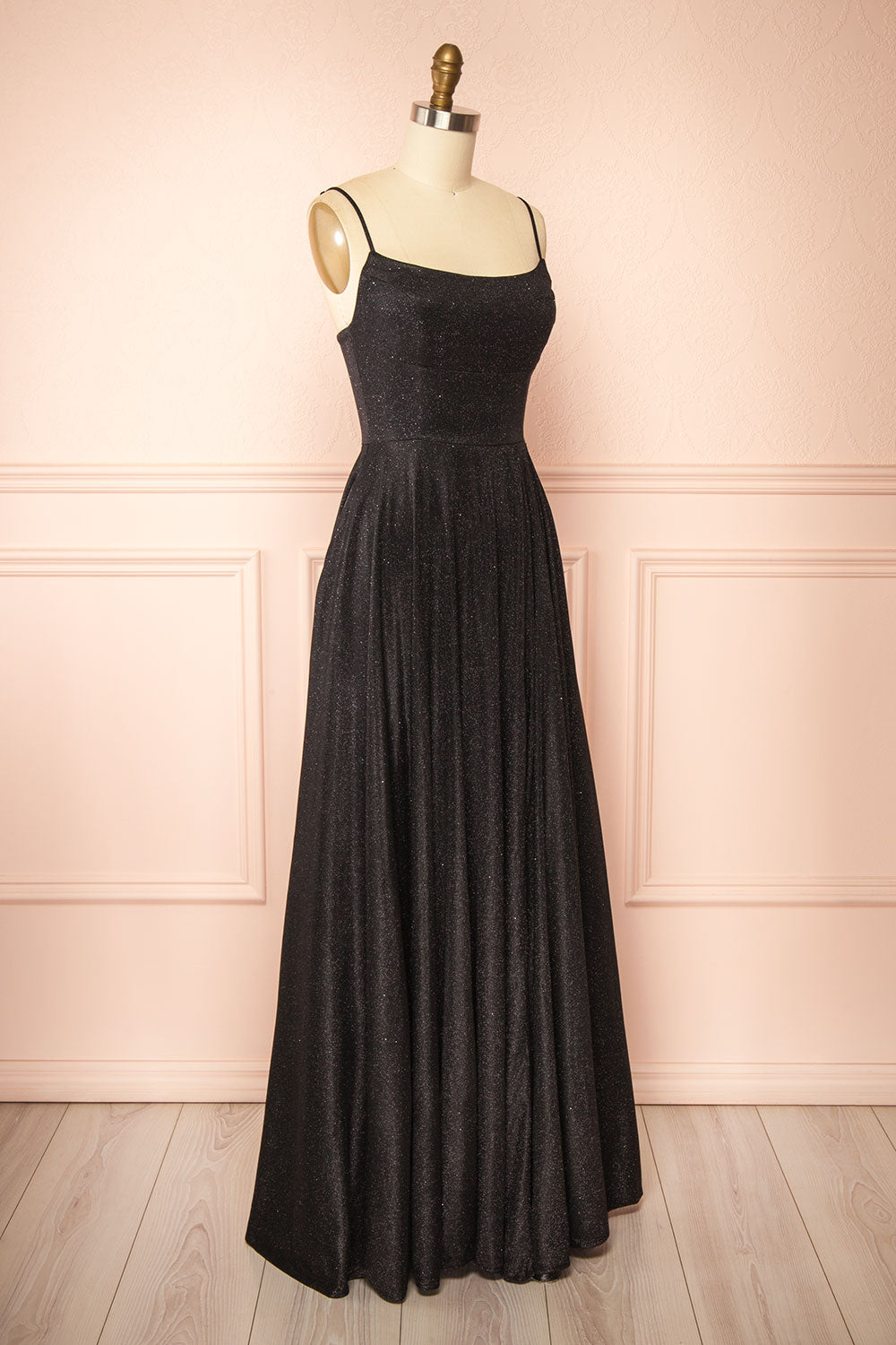 Fadia Black Sparkly Maxi Dress with Slit and Pockets | Boutique 1861 side view