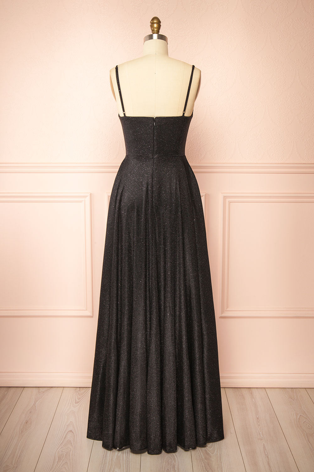 Fadia Black Sparkly Maxi Dress with Slit and Pockets | Boutique 1861 back view