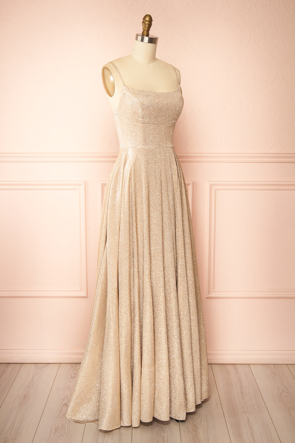 Fadia Champagne Sparkly Maxi Dress with Slit | Boutique 1861 side view