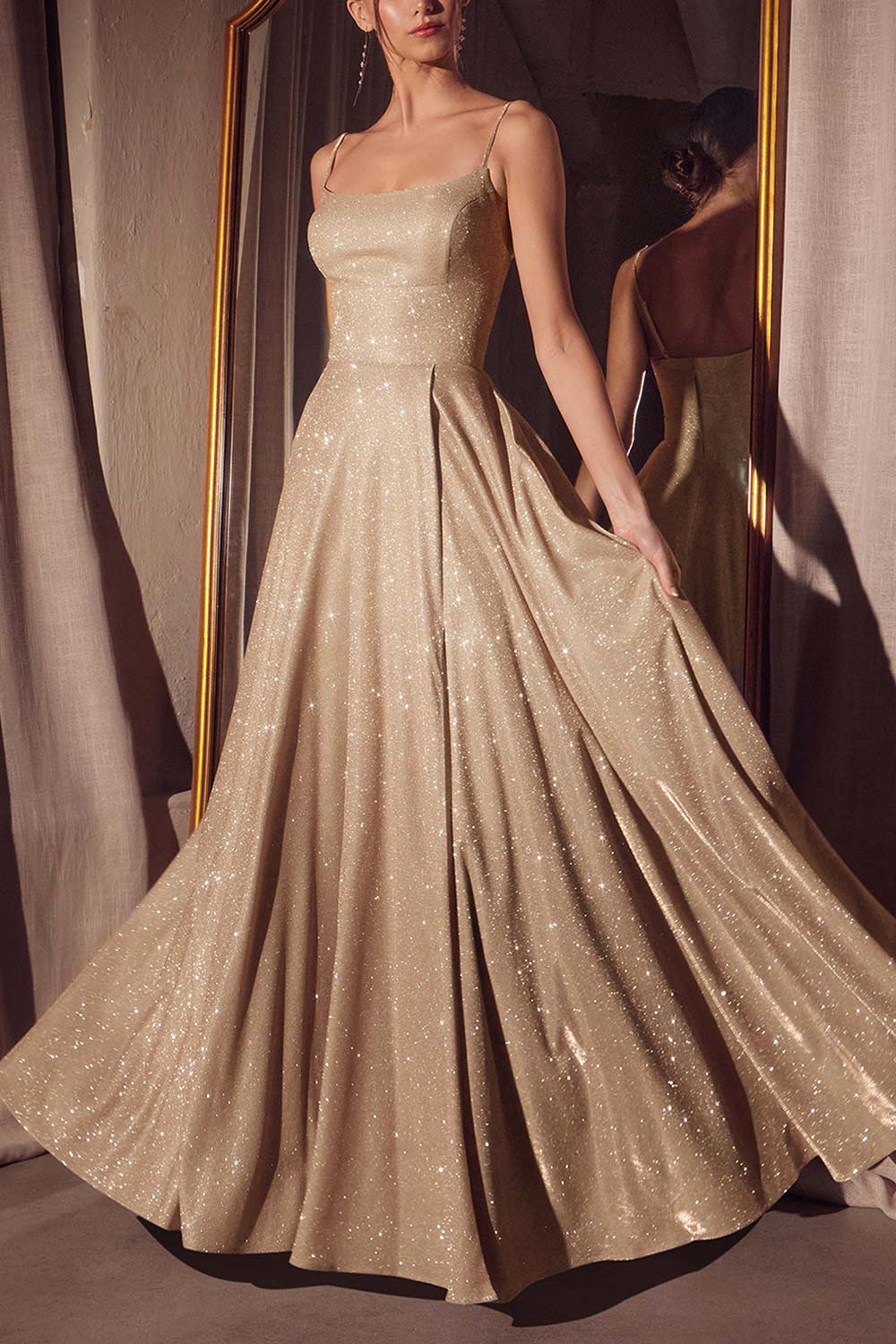 Fadia Champagne Sparkly Maxi Dress with Slit | Boutique 1861 model