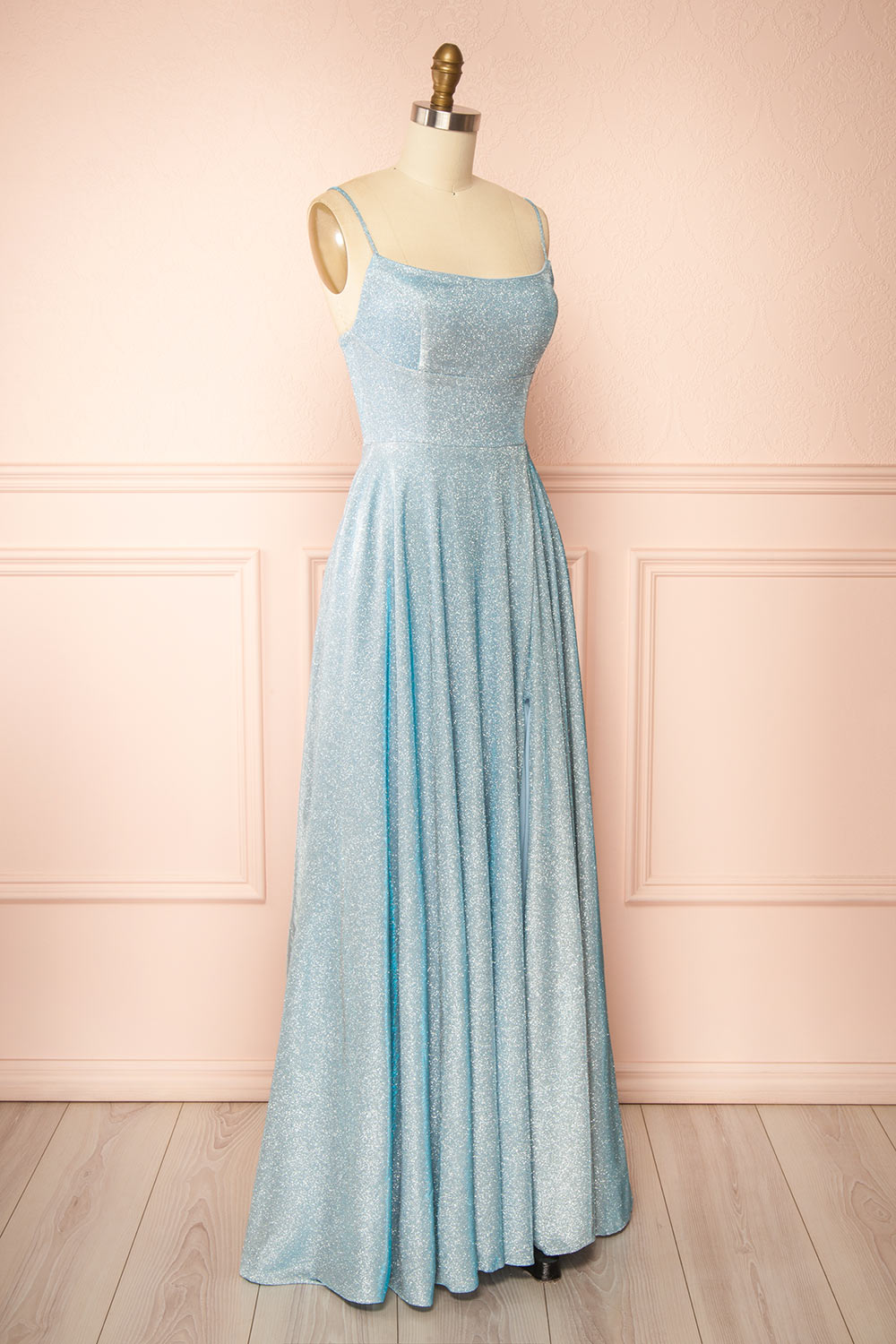 Fadia Light Blue Sparkly Dress w/ Slit and Pockets | Boutique 1861 side view