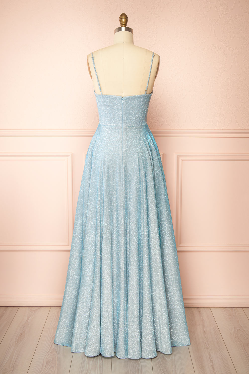 Fadia Light Blue Sparkly Dress w/ Slit and Pockets | Boutique 1861 back view