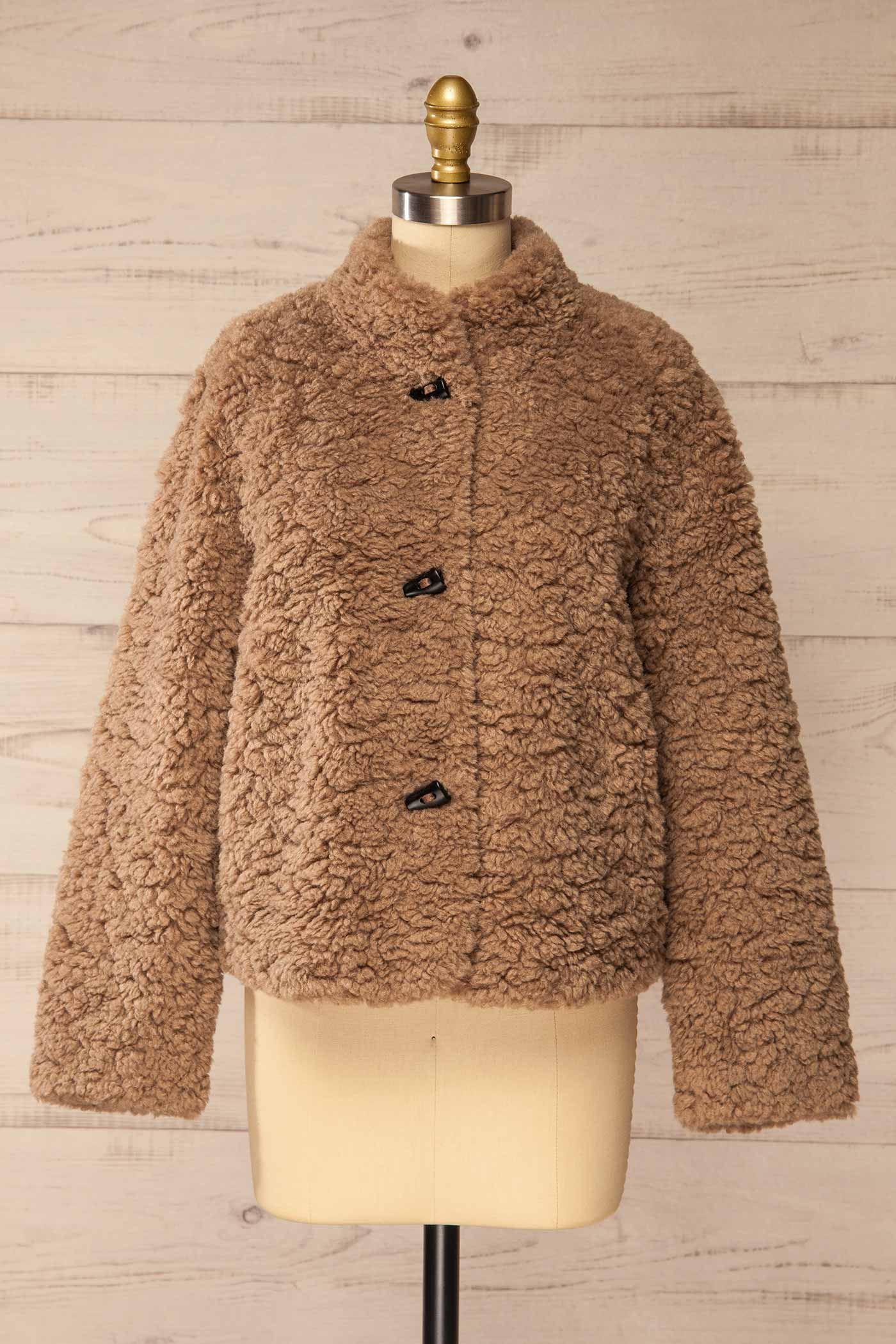 front view of Fadina Brown Toggle Closures Sherpa Jacket with Pockets at La petite garçonne