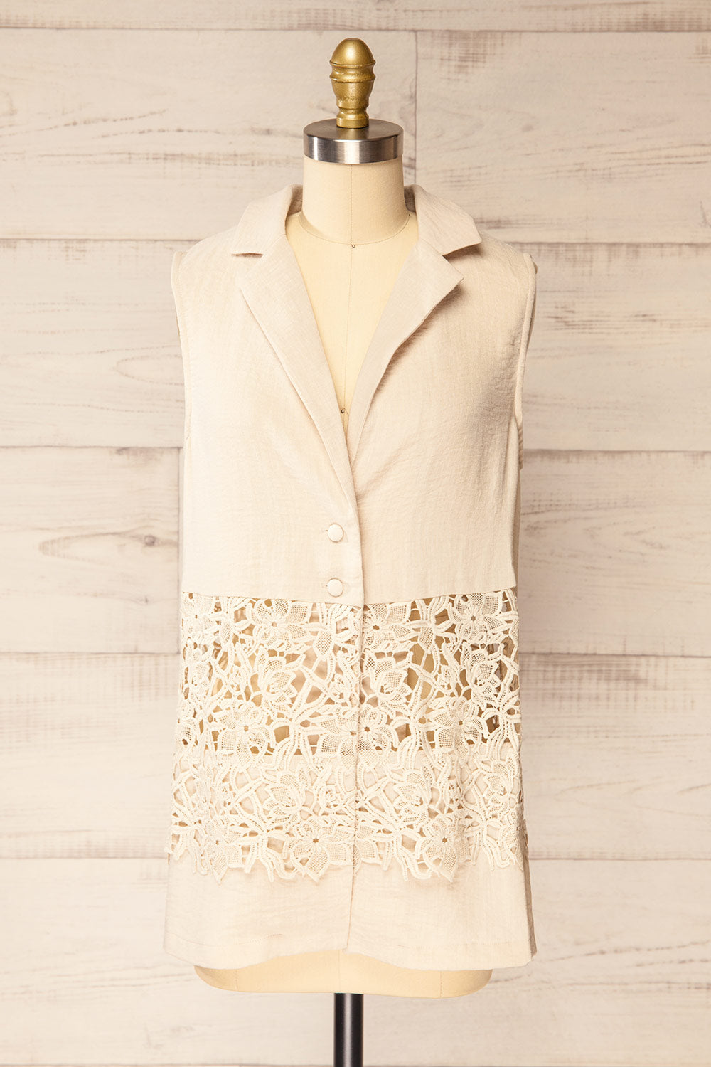 Fanon Loose Beige Vest with Lace Cutout | La petite garçonne front view