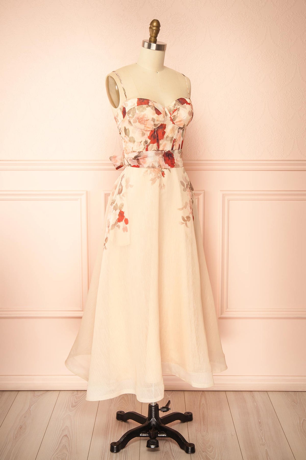 side view of Fanya Beige Long Floral Corset Dress with Pockets at Boutique 1861