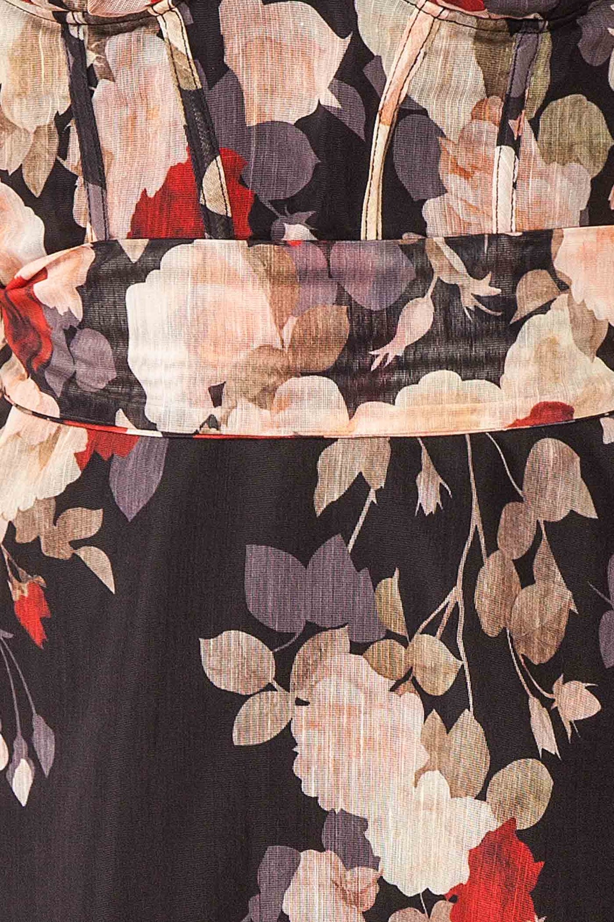 fabric view of Fanya Black Long Floral Corset Dress with Pockets at Boutique 1861