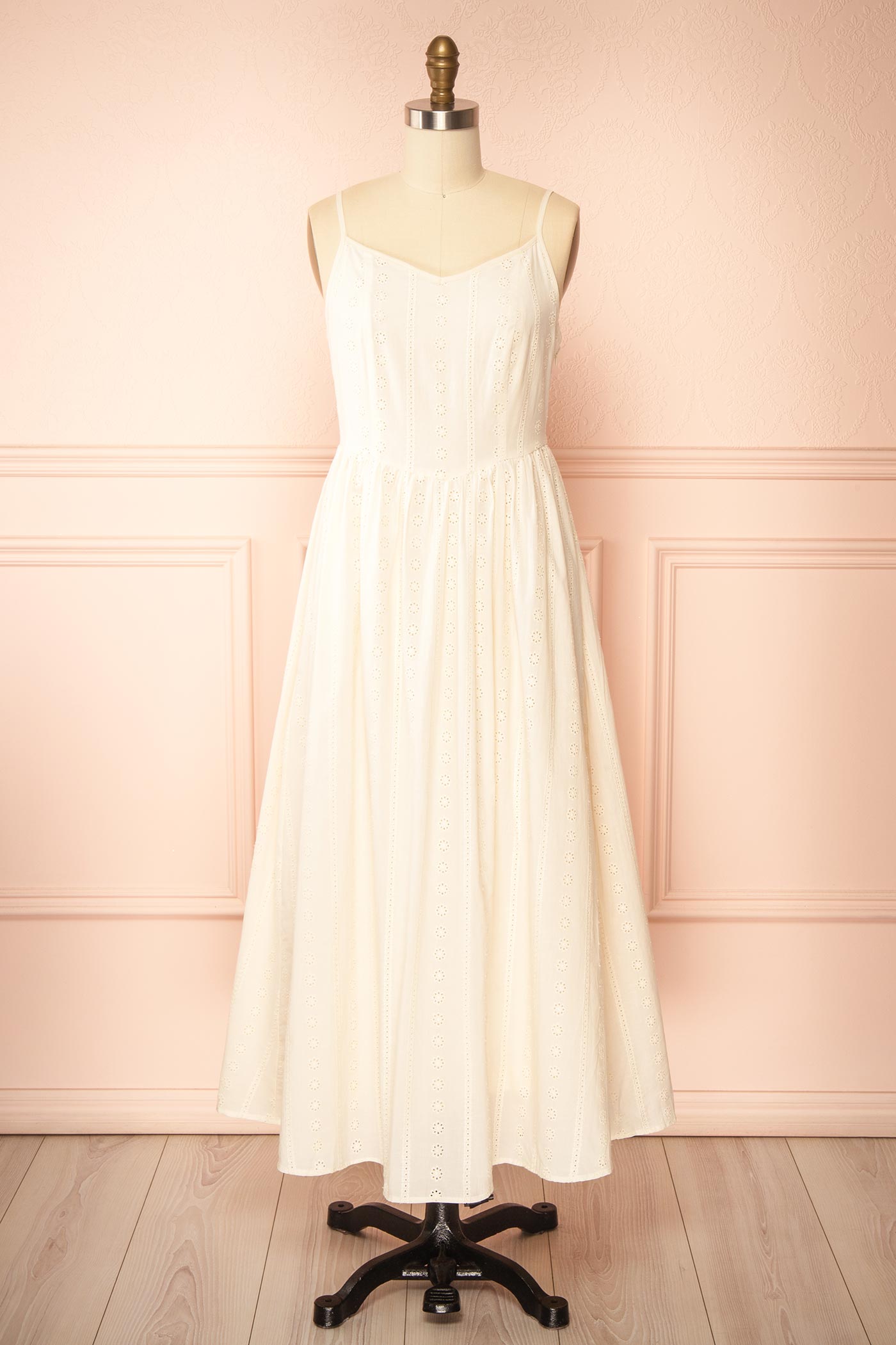 Frontview Farmdale Beige Midi Dress with Floral Eyelets at boutique 1861