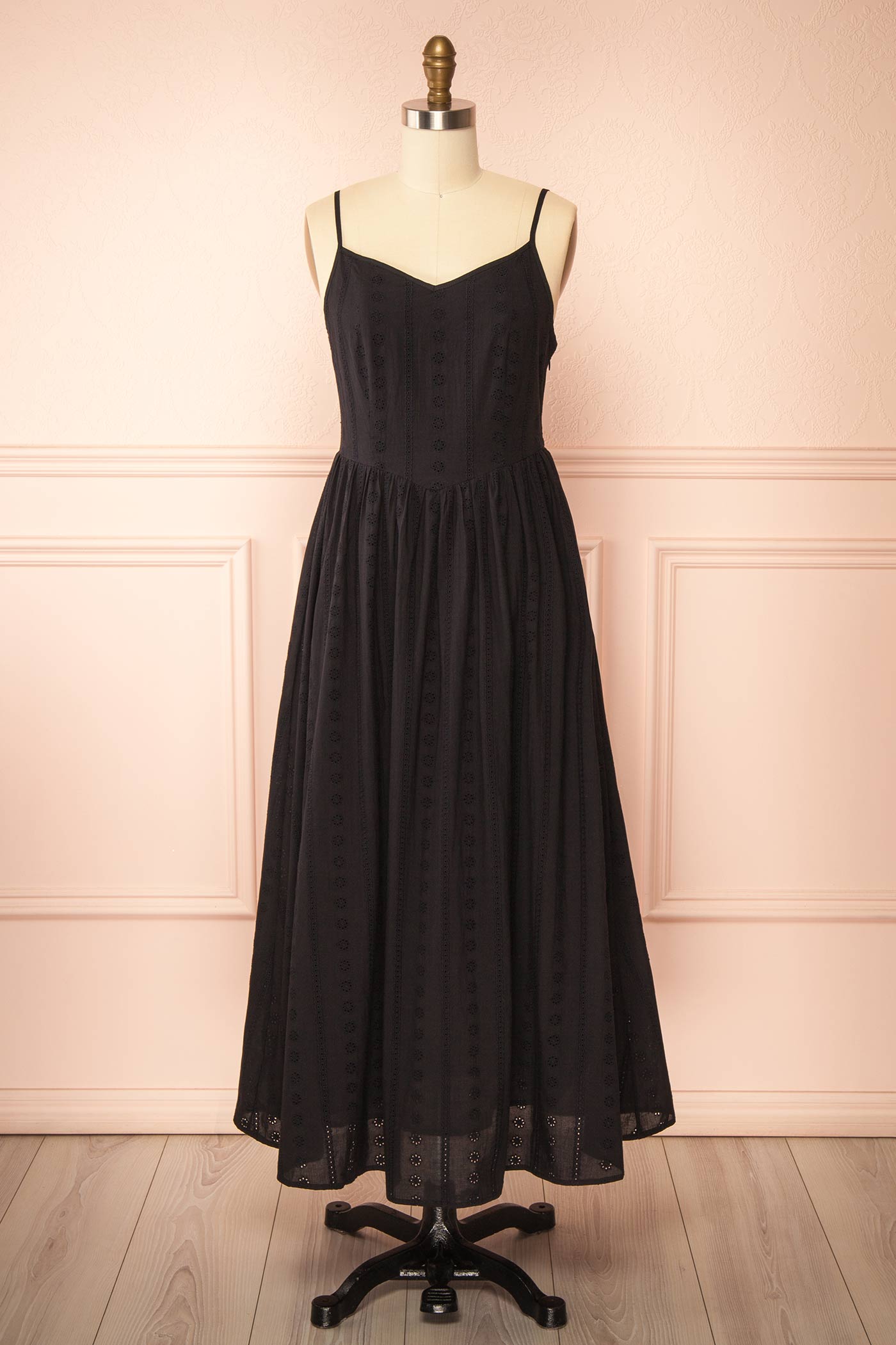 Frontview Farmdale Black Midi Dress with Floral Eyelets at boutique 1861