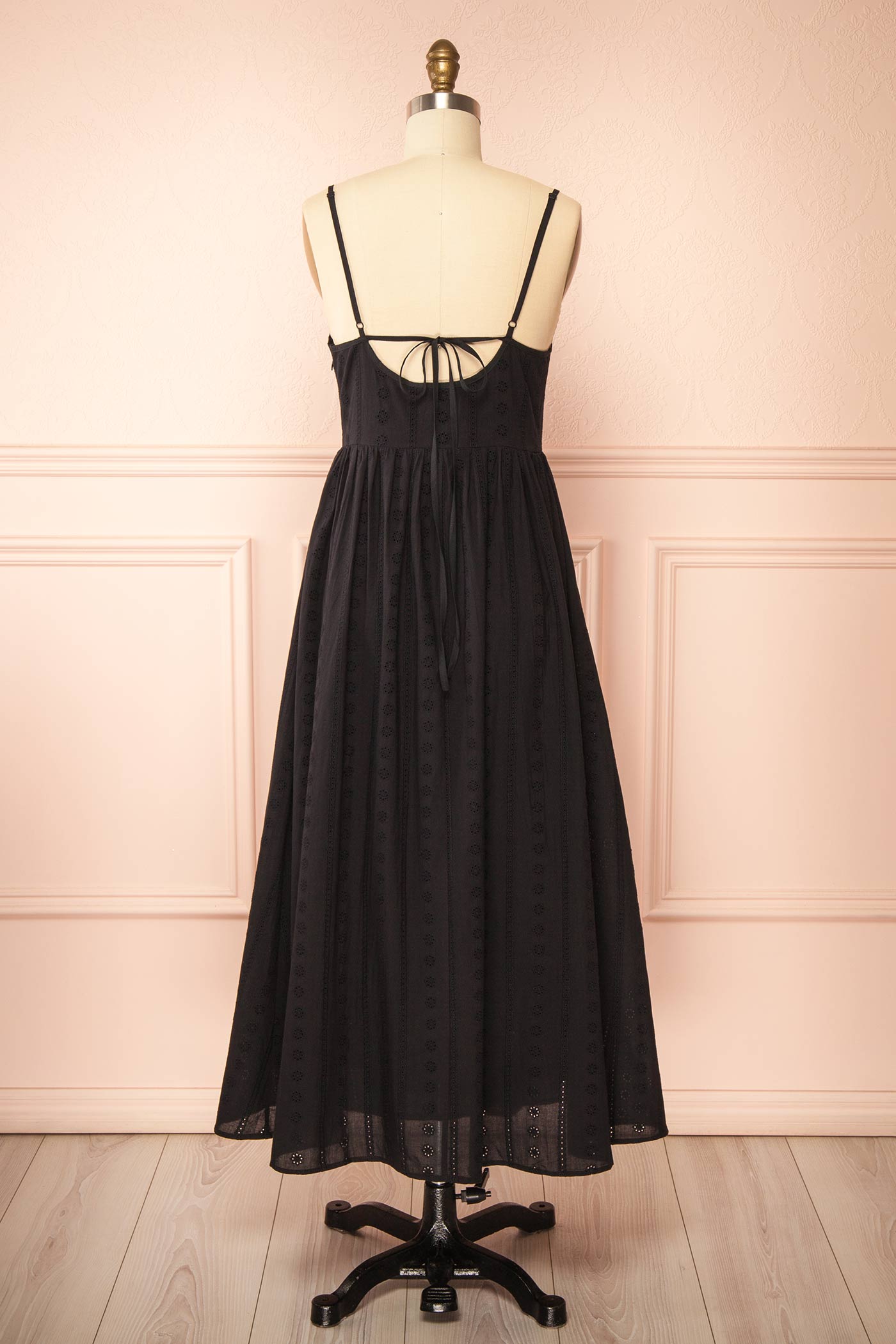 Backview Farmdale Black Midi Dress with Floral Eyelets at boutique 1861