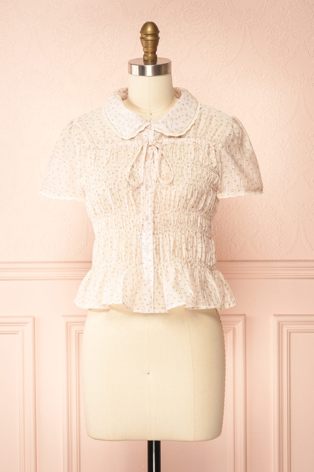 Fatou Pink Floral Ruched Blouse with Lace Trim | Boutique 1861 front view