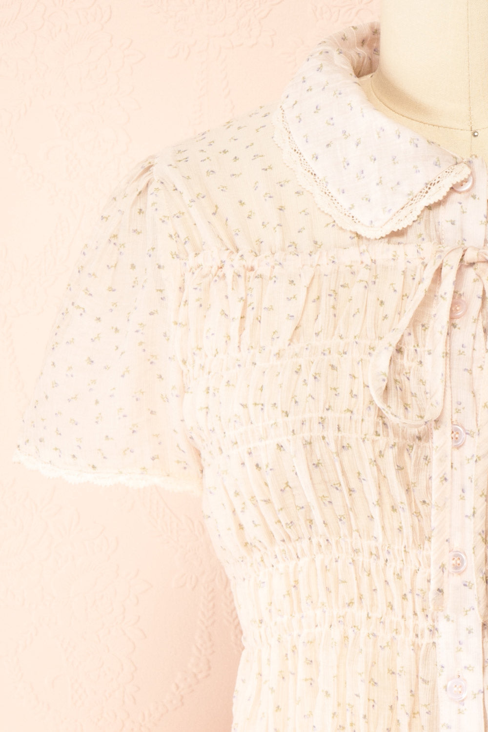 Fatou Pink Floral Ruched Blouse with Lace Trim | Boutique 1861 front