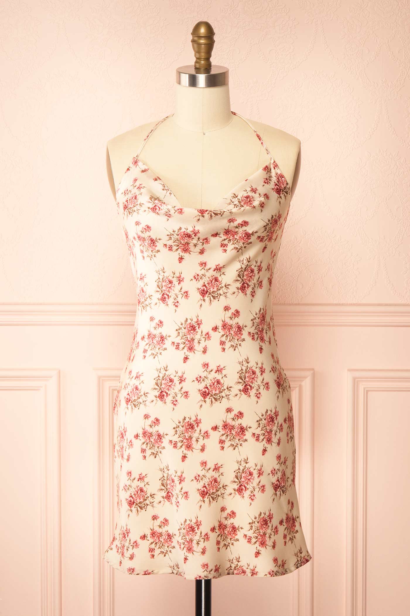 Frontview Fatoumata Short Cream Floral Halter Dress with Cowl Neck at boutique 1861