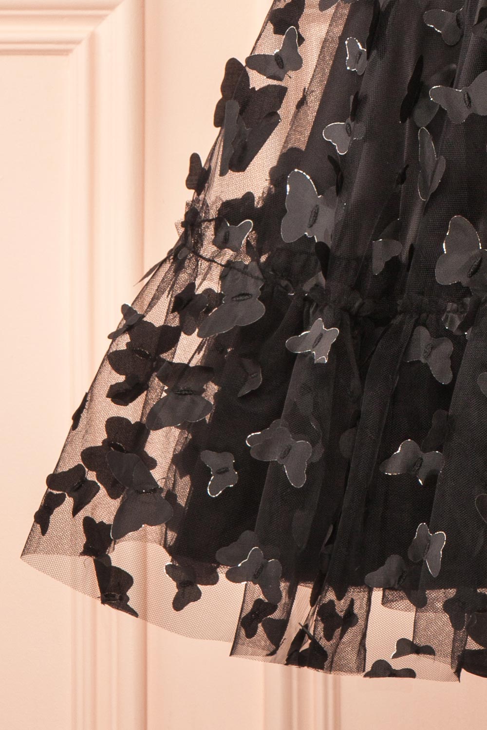 bottom of sewing Mannequin wearing Faya Black Short Corset Dress with Butterflies From Boutique 1861