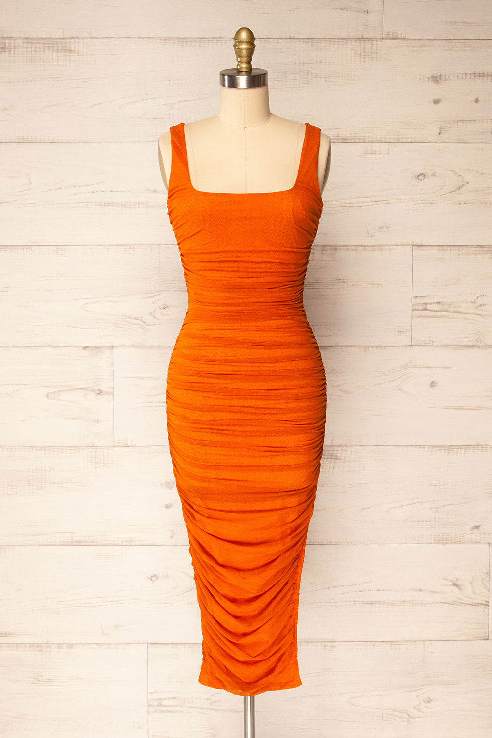 Fecho Orange Fitted Ruched Midi Dress