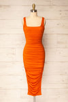 Fecho Orange Fitted Ruched Midi Dress | La petite garçonne front view