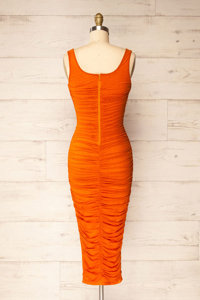 Fecho Orange Fitted Ruched Midi Dress | La petite garçonne back view