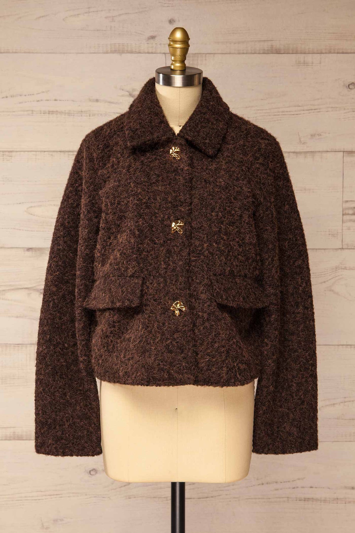 front view of Feijo Brown Textured Button-Up Jacket with Gold Buttons at La petite garçonne