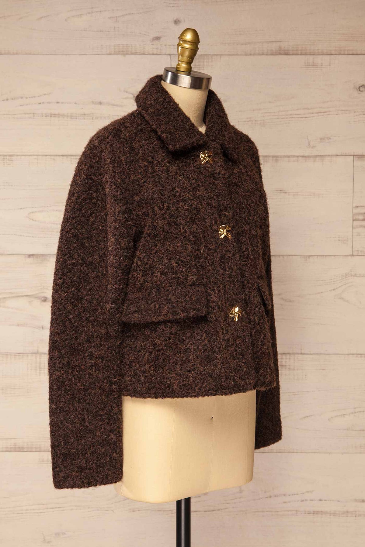 side view of Feijo Brown Textured Button-Up Jacket with Gold Buttons at La petite garçonne