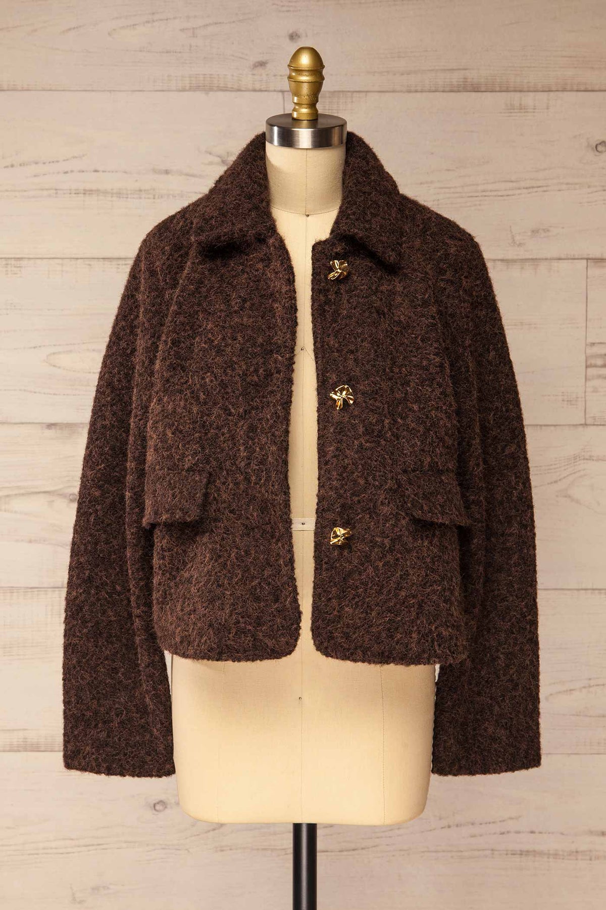 open view of Feijo Brown Textured Button-Up Jacket with Gold Buttons at La petite garçonne