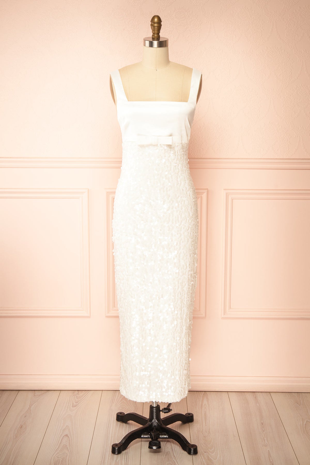 front view of Felina Ivory Satin Dress with Sequins at Boudoir 1861