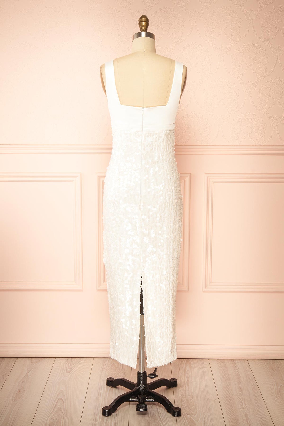back view of Felina Ivory Satin Dress with Sequins at Boudoir 1861