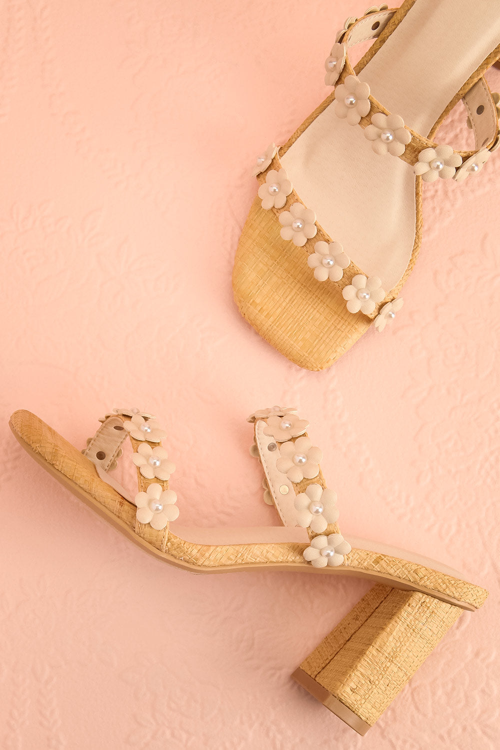 Feliza Raffia Block Heel Sandals with Floral Appliqués | La petite garçonne flat lay