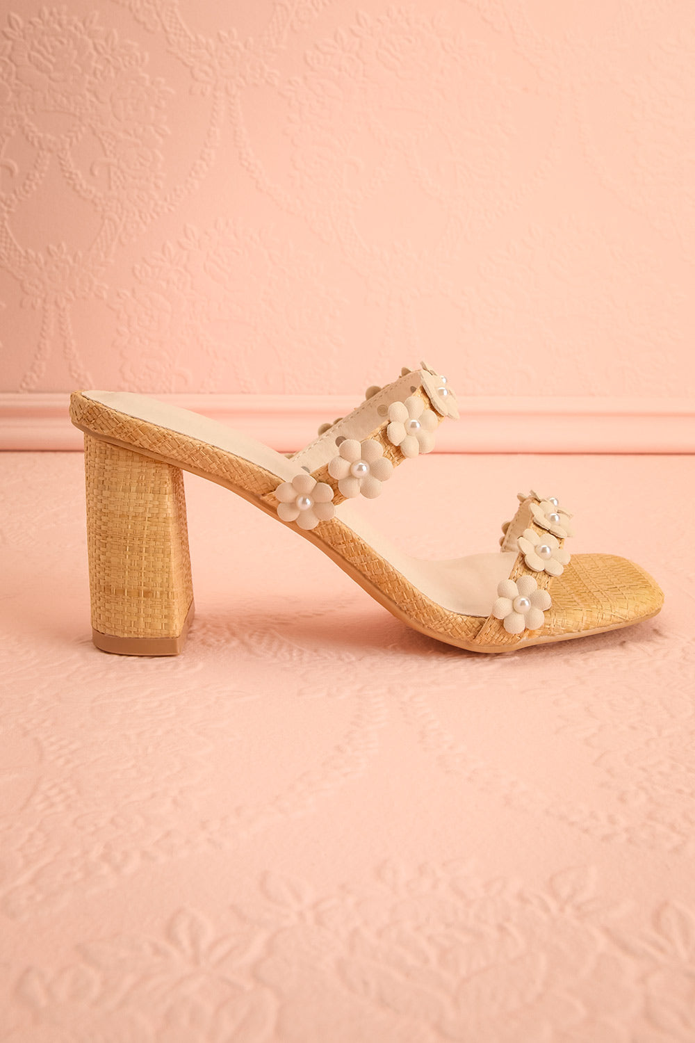 Feliza Raffia Block Heel Sandals with Floral Appliqués | La petite garçonne side view