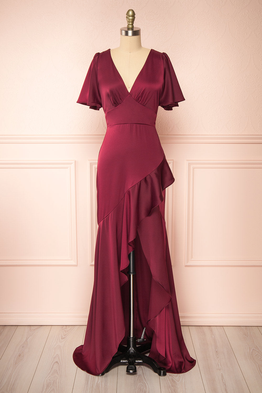 Fiarah | Burgundy Satin Maxi Dress w/ Ruffles Fiarah | Burgundy Satin Maxi Dress w/ Ruffles