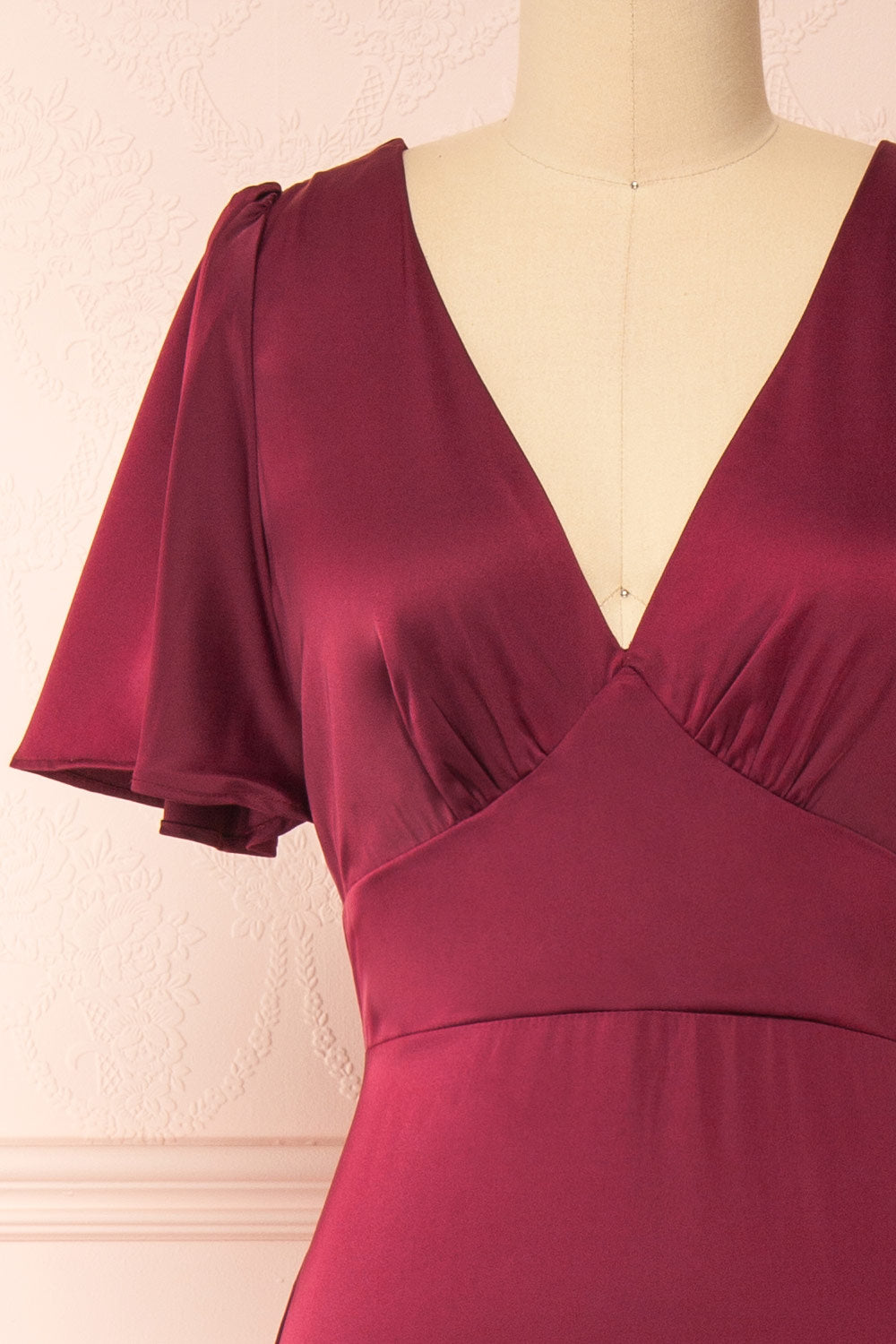 Fiarah Burgundy Satin Maxi Dress w/ Ruffles | Boutique 1861 front close-up