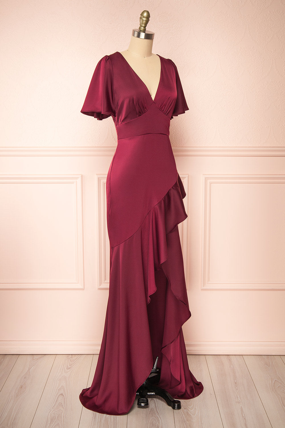 Fiarah Burgundy Satin Maxi Dress w/ Ruffles | Boutique 1861 side view