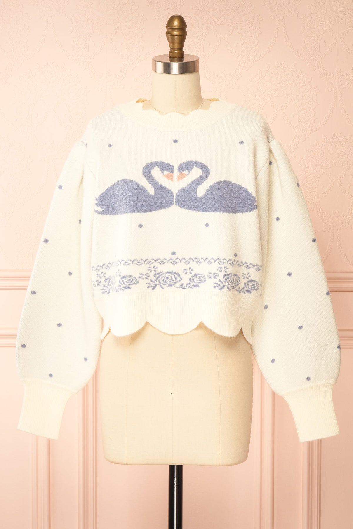 front view of Fidelka Ivory Swan Graphic Knit Sweater with Scalloped Trim at Boutique 1861