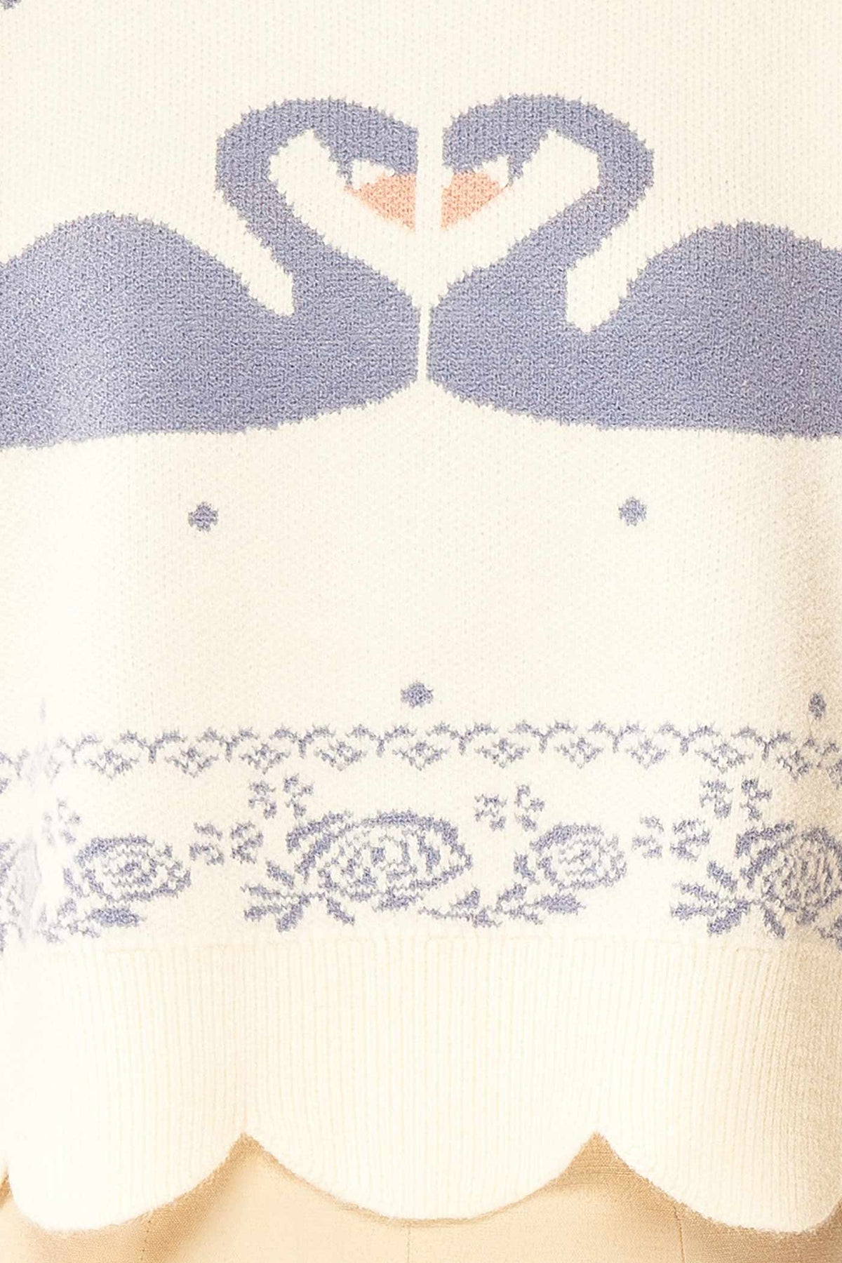fabric view of Fidelka Ivory Swan Graphic Knit Sweater with Scalloped Trim at Boutique 1861