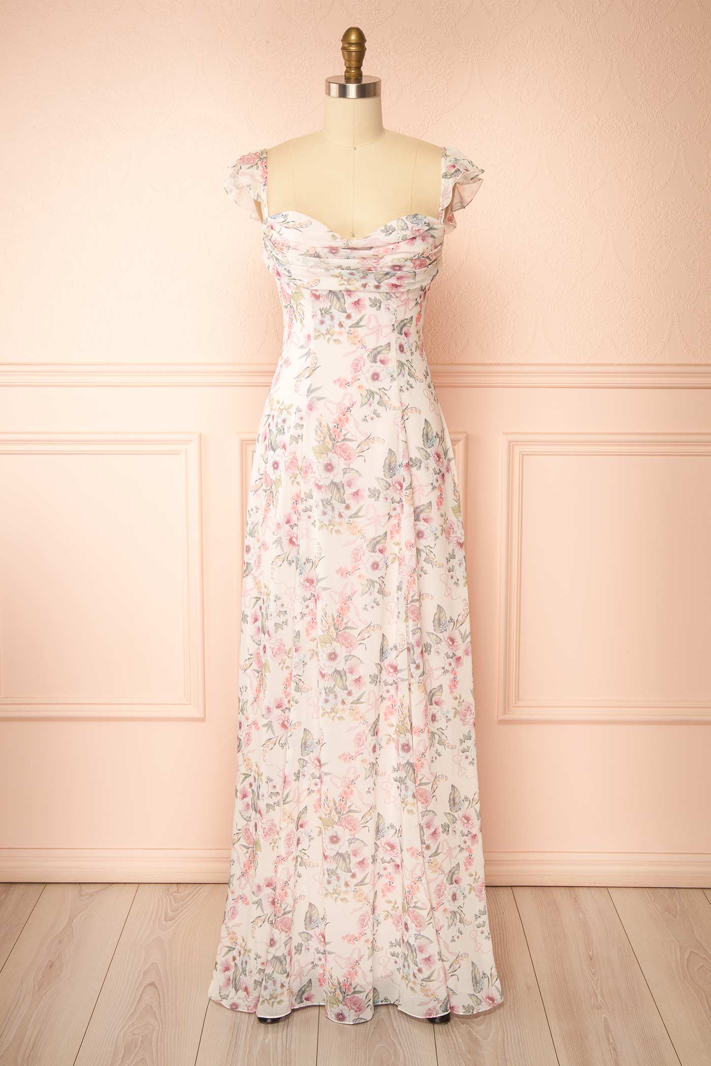 Filiana Pink Floral Chiffon Maxi Dress with Lace-Up Back