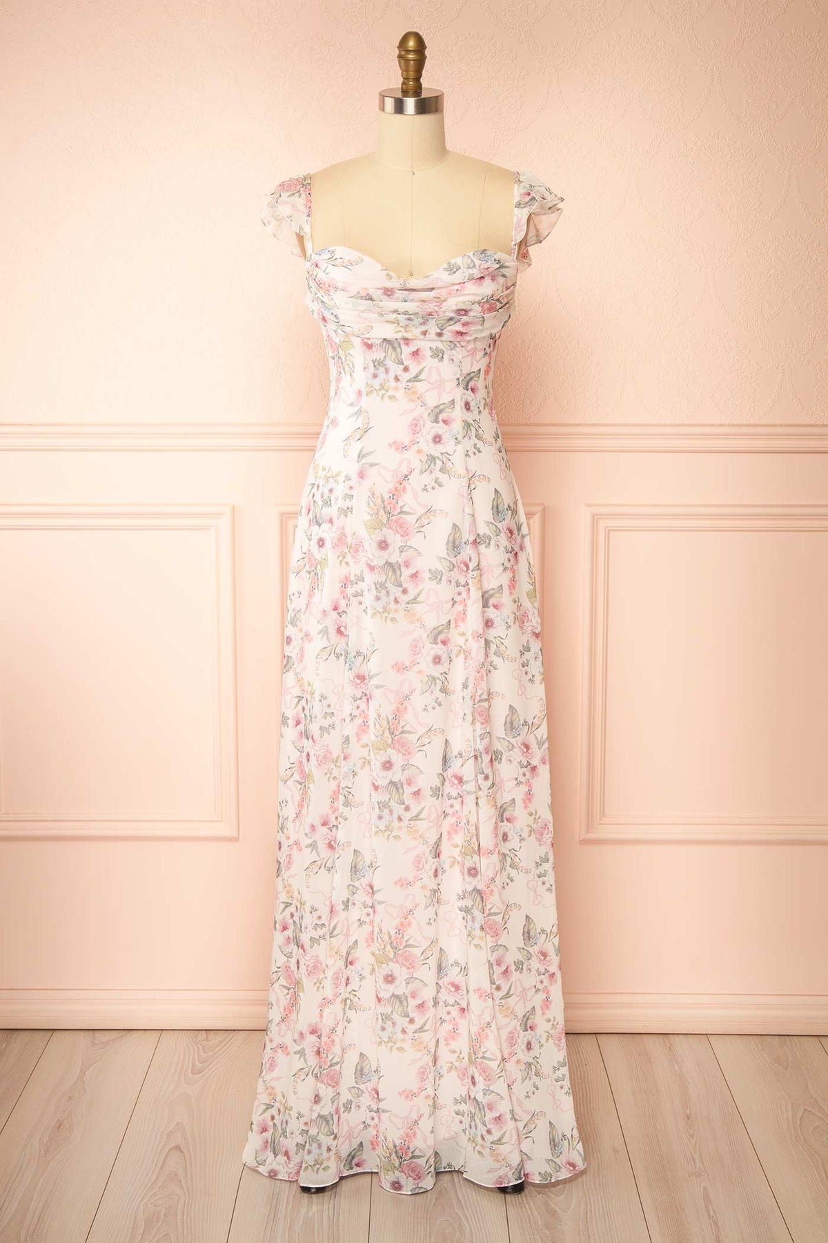 front view of Filiana Pink Floral Chiffon Maxi Dress with Lace-Up Back at Boutique 1861