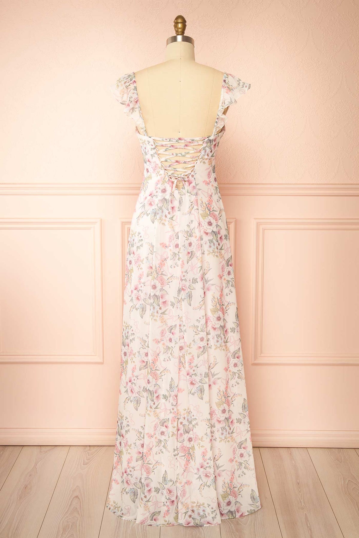 back view of Filiana Pink Floral Chiffon Maxi Dress with Lace-Up Back at Boutique 1861