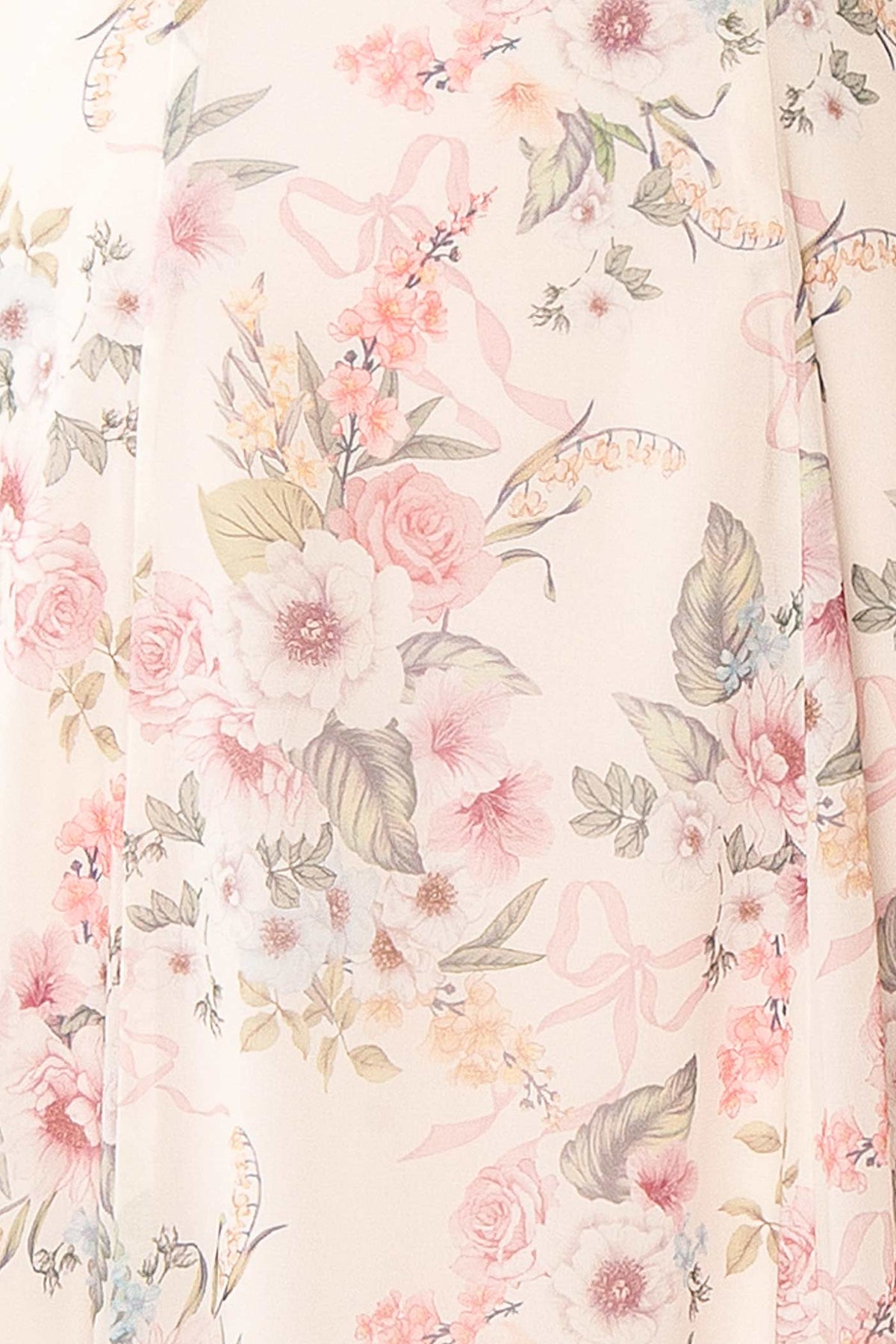fabric view of Filiana Pink Floral Chiffon Maxi Dress with Lace-Up Back at Boutique 1861